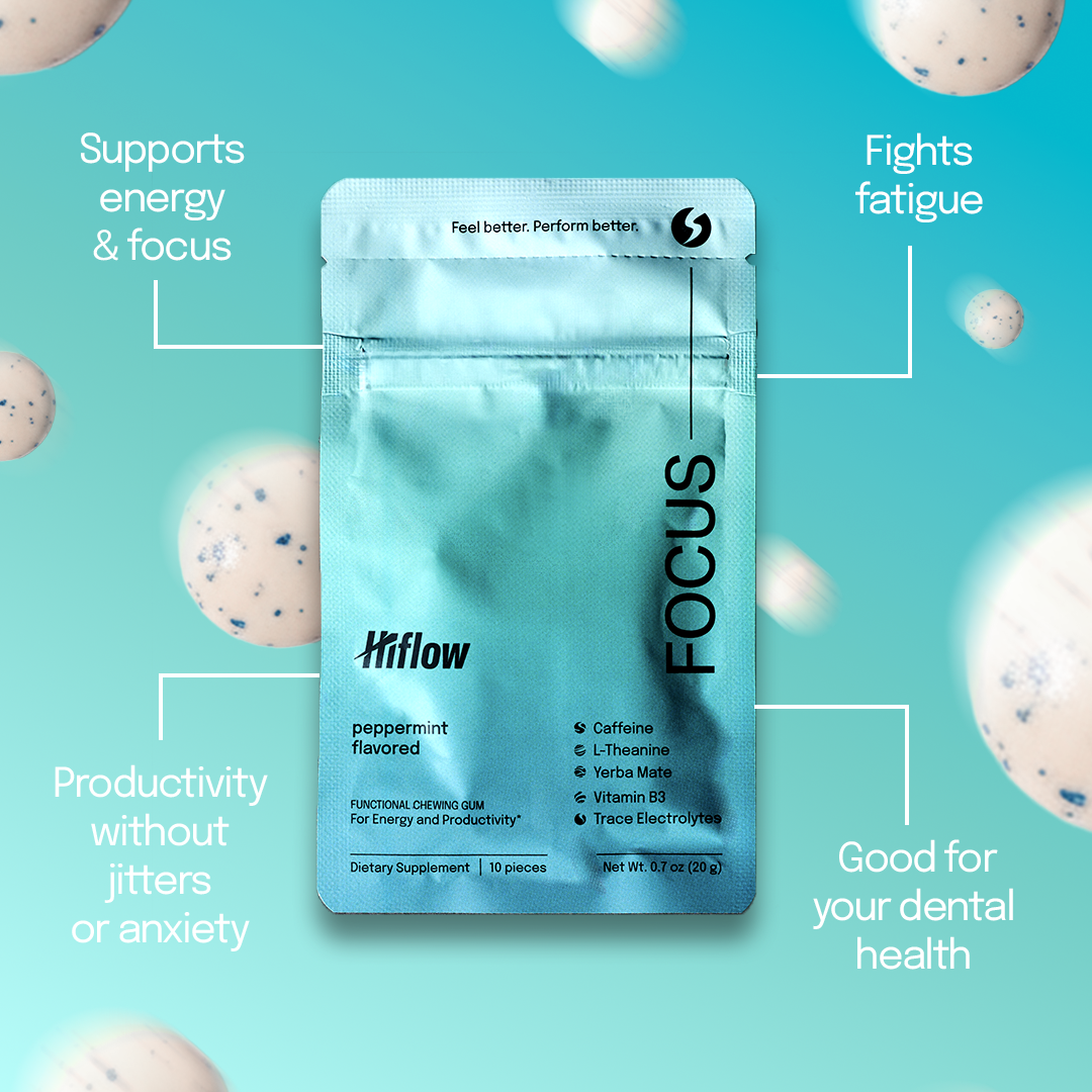 Hiflow Focus image with main benefits highlighted on texts: supports energy, fights fatigue, productivity without jitters, and good for dental health.