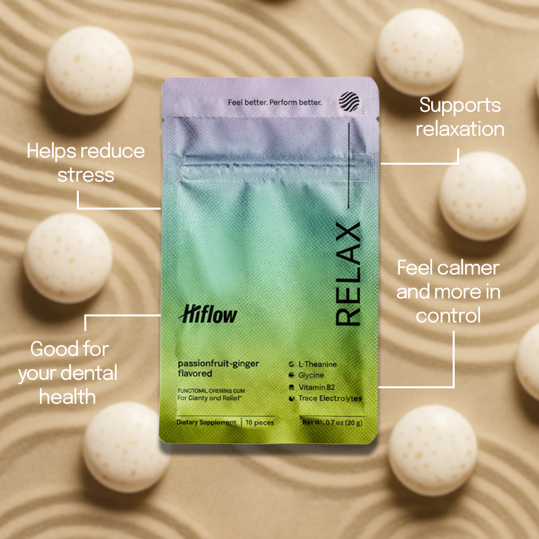 Hiflow Relax design image with key benefits highlighted: helps reduce stress, supports relaxation, good for dental health, and feel calmer and more in control.