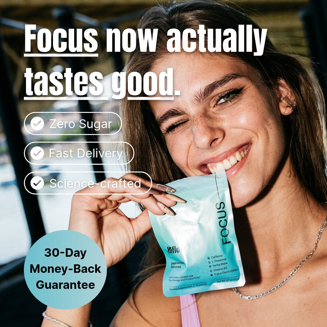 Woman holding a Hiflow Focus product package with promotional text about taste, sugar content, delivery, and a money-back guarantee.