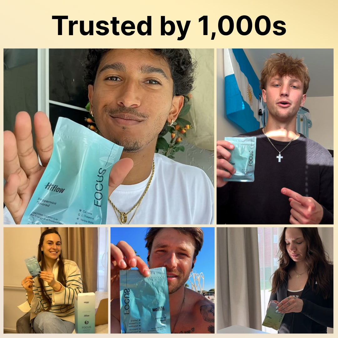 Collage of people holding a product with text 'Trusted by 1,000s' on a beige background