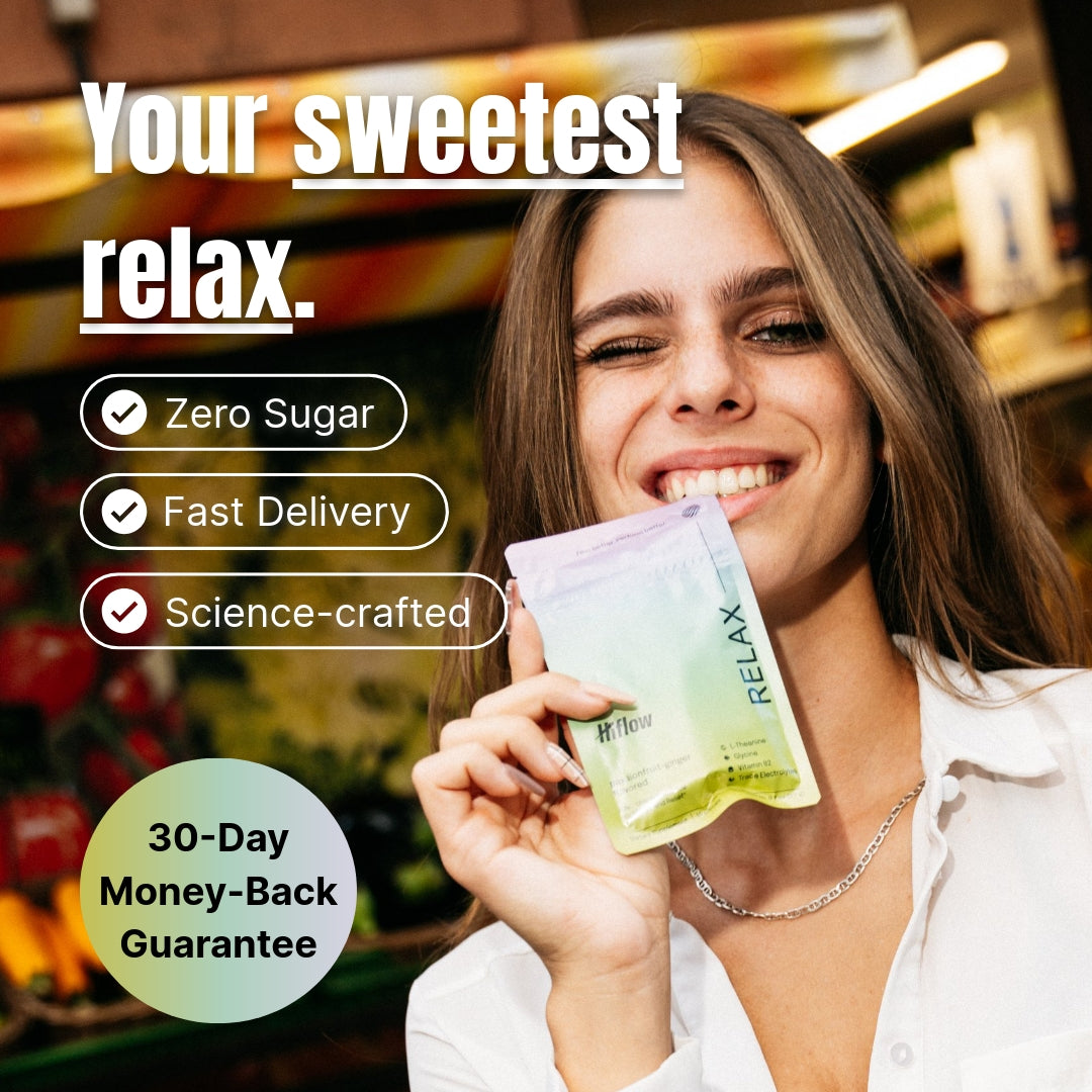 Woman holding a Hiflow Relax package with promotional text about zero sugar, fast delivery, science-crafted ingredients, and a money-back guarantee.