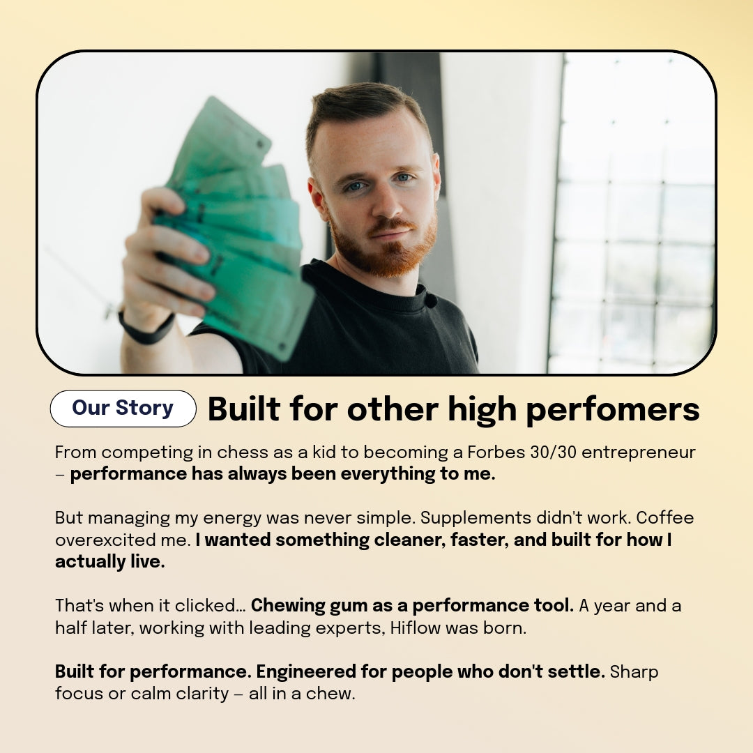 Founder holding a pack of Hiflow Focus with text about the brand's origin story and mission.