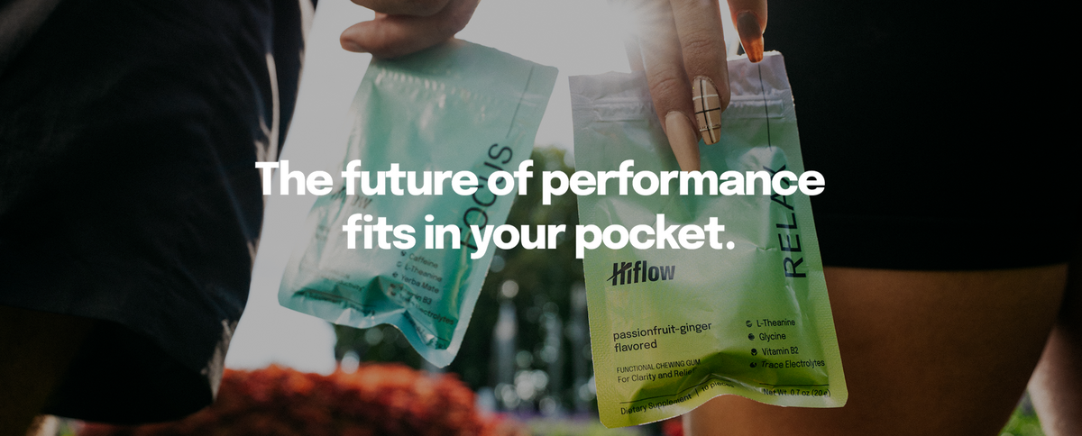 Hiflow banner image showing two people's hands holding Hiflow in their hand. The image focuses on the gums' packets. We can see a Focus and a Relax gum pouch, and a written headline: "The future of performance fits in your pocket."
