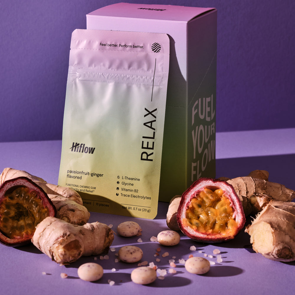 Hiflow Relax gum box with ingredients on a purple background.
