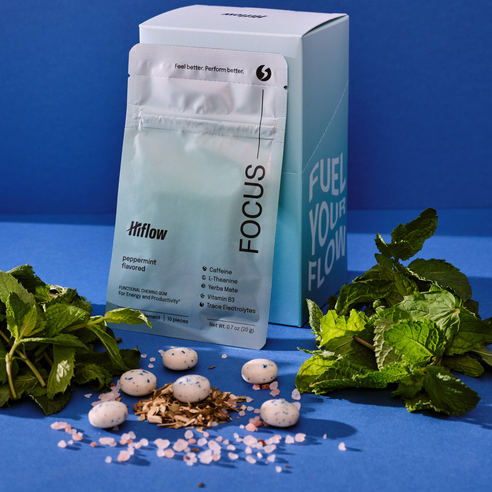 Hiflow Focus gum box with ingredients on blue background.
